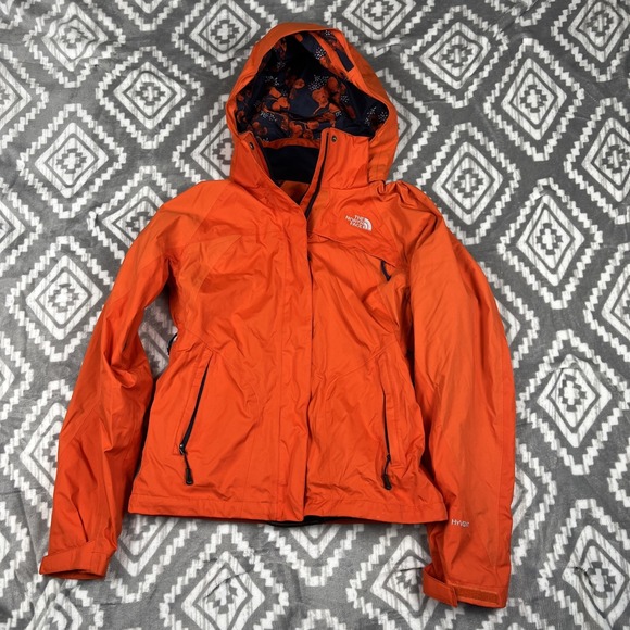 The North Face HyVent Womens XS Orange Hooded Windbreaker Rain Jacket Full Zip - Picture 1 of 16